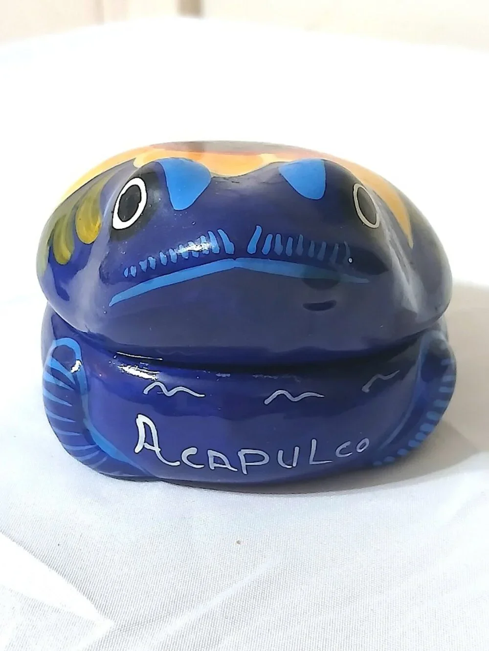Vintage Acapulco Mexico Hand Painted Frog Ceramic Trinket Box Folk Art